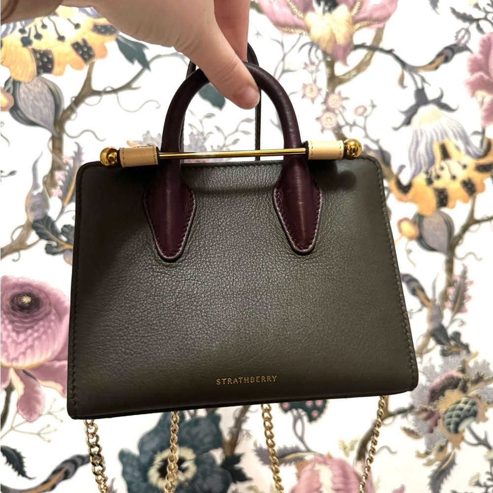 Strathberry Nano Leather Tote in Forest Green/Sand/Burgundy